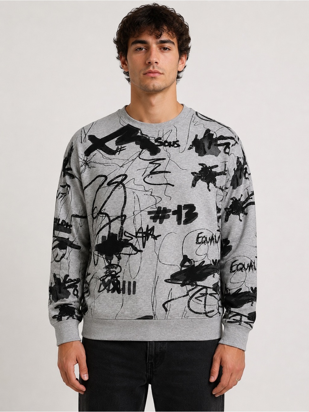 Only & Sons Men’s XL Crewneck Graphic Sweatshirt Gray with Black Scribble Print
